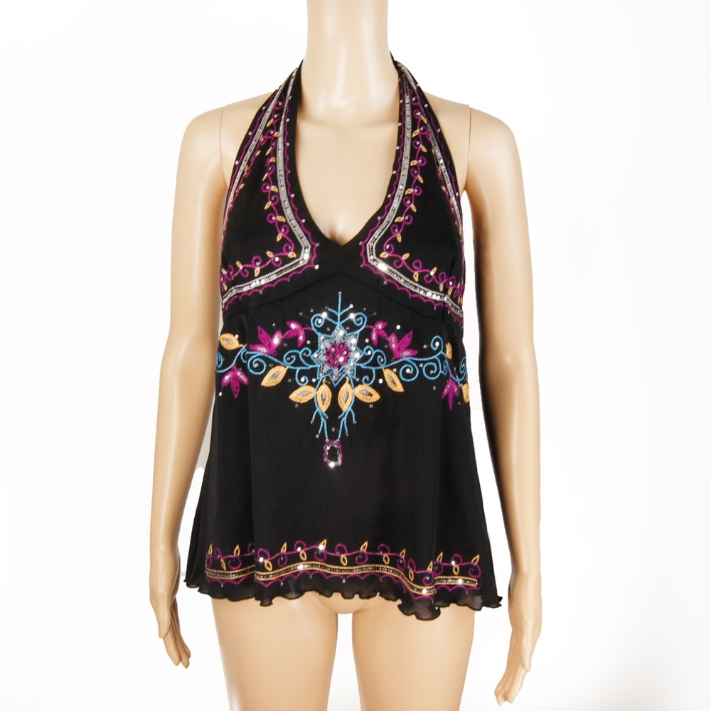 Vintage 90s Y2K Embroidered Rhinestone Sequin Boho Black Halter Top